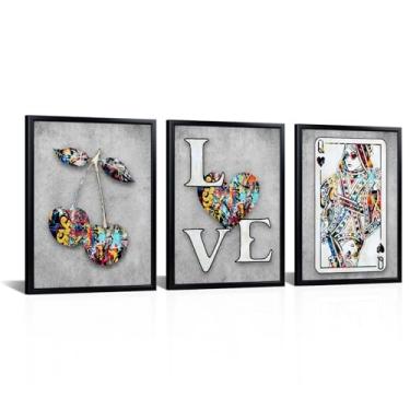Imagem de Kalormore Conjunto de decoração de parede em tela de arte de grafite moderno emoldurado, tipografia de amor com cartão de baralho e design de cereja, impressão de arte urbana de 3 peças, decoração de