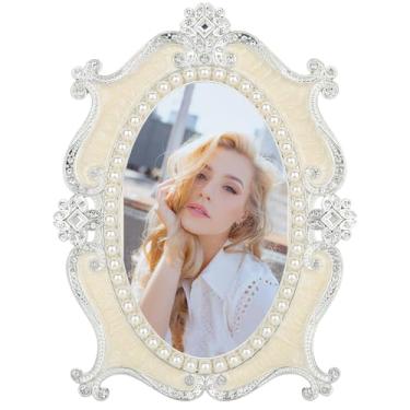 Imagem de Moldura oval vintage, 10 x 15 cm, moldura ornamentada de metal, branca, com decoração de pérolas, vidro HD, elegante, decoração de casa, decoração de mesa, ideias de presentes para mulheres no Natal