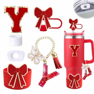 Imagem de Conjunto de 6 peças de acessórios para copo vermelho Stanley Cup 850 g 1,134 g copo com alça, incluindo tampa de cobertura de palha de silicone e bota de laço, tampa à prova de derramamento, pingente