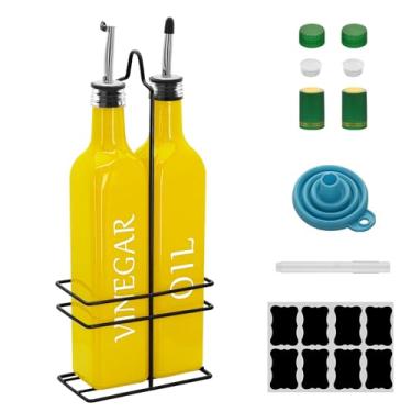 Imagem de Conjunto de dispensador de óleo e vinagre Farmhouse, 500 ml, lindo dispensador de azeite, inclui uma prateleira de aço preto e um funil, galheteiros vintage para vinagre e óleo (Amarelo)