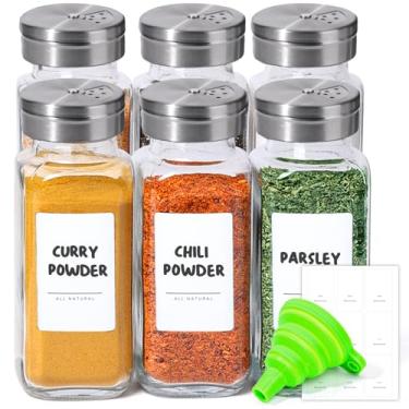 Imagem de ComSaf 6 potes de tempero de vidro de 227 g com tampas ajustáveis, 21 etiquetas, conjunto de teste de frascos de especiarias grandes e conjunto de suplementos, conjunto de saleiro e pimenteiro