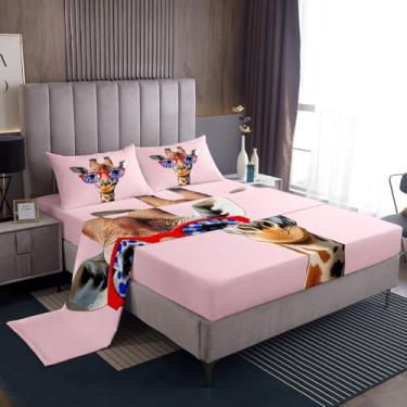 Imagem de Feelyou Jogo de lençol Queen fofo de girafa, rosa, zoológico, animal, ultramacio, hipster, com bolso alto, para crianças e mulheres