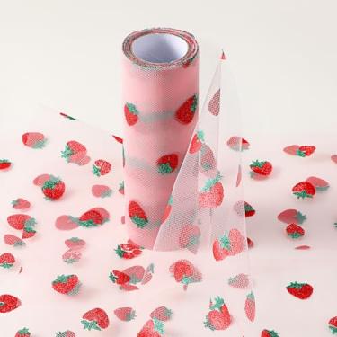 Imagem de Rolos de tecido de tule de morango, 15 cm x 10 jardas (30 pés) linda fita de tule de morango decorativa, brilhante, tecido de morangos, tule rosa para artesanato faça você mesmo, saia de laço