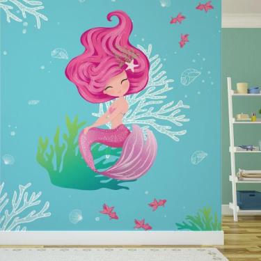 Imagem de Papel de Parede Sereia Rosa Fundo do Mar Quarto Infantil 6m² - Quartin