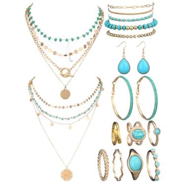 Imagem de Inbagi Maitys Conjunto de 15 peças de joias de Halloween, corrente feminina, colar, pulseira, brincos, argolas, círculos, grandes anéis, as picture, Turquesa, liga metálica, Sem Pedra Preciosa