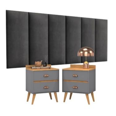 Imagem de Conjunto Para Cama Quarto Cabeceira Suspensa 1,40 e Kit 2 Mesas de Cabeceira Madero (7 MÓD CINZA + 2 MADERO CINZA/FREIJÓ)