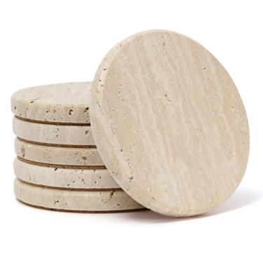 Imagem de YONGHEE Conjunto de 6 porta-copos de travertino, porta-copos rústicos de mármore de estilo neutro para decoração de mesa de café, porta-copos absorvente de pedra natural porosa redonda de 10 cm