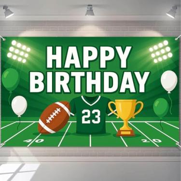 Imagem de HOMETITUTE Faixa de Feliz Aniversário, Tema de Futebol com Troféu de Jogadores de Futebol de Campo Verde e Bola, Faixa de Aniversário Festa Interior e Exterior Pano de Fundo 180 x 109 cm