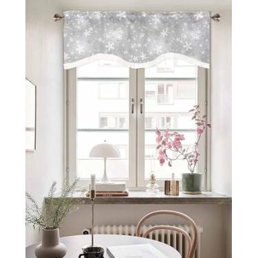 Imagem de Cortina de sanefa de janela Feliz Natal sanefa cinza para janelas de cozinha, sanefa recortada com borla, cortinas curtas de floco de neve de inverno sanefa com bolso de haste para quarto sala de
