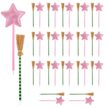 Imagem de mekueeex Pacote com 36 lembrancinhas de festa de bruxa e princesa, incluindo canetas de vassoura de bruxa e canetas esferográficas rosa e verde, para decoração de festa de Halloween, bolsa de brindes