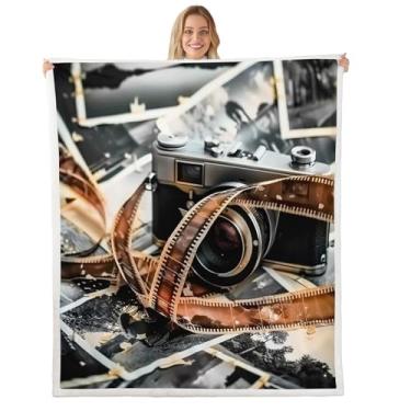 Imagem de Homewish Cobertores com tema de fotografia, cobertor de cama de filme fotográfico vintage, crianças, adolescentes, mulheres, homens, câmera antiga, cobertores de lã, retrô, preto, cadeira de