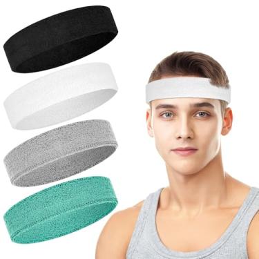 Imagem de Pacote com 4 faixas de cabelo masculinas, faixas de suor masculinas e femininas, faixas de algodão felpudo para tênis, basquete, corrida, academia, malhar