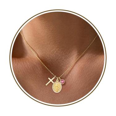 Imagem de Colares de cruz de ouro para mulheres, colar de pedra do mês de nascimento de 1 a 12 anos, presentes de confirmação de fé, presentes para meninas adolescentes, Virgem Maria, presentes para cristãos