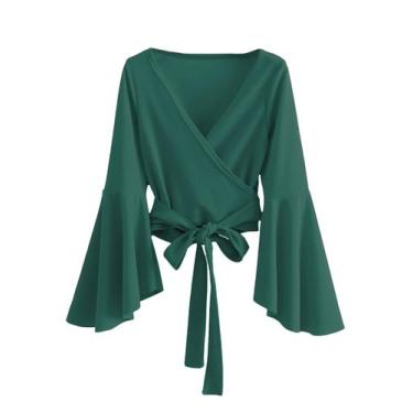 Imagem de Blusa feminina SweatyRocks de manga comprida com decote em V, verde S