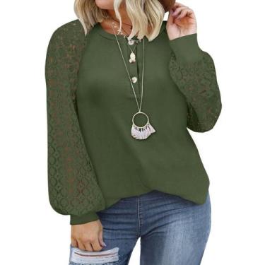 Imagem de Blusa feminina Eytino plus size com decote em V, renda, manga comprida