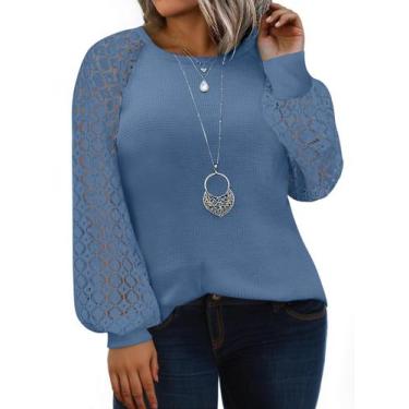 Imagem de Blusa feminina Eytino, tamanho grande, casual, gola redonda, renda 4X