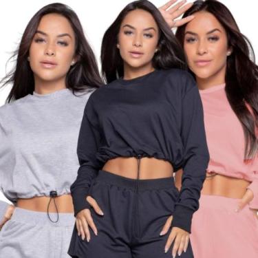 Imagem de KIT 3 Blusa Cropped Manga Longa Com Regulagem Vekyo Gringa Moletinho F