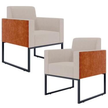 Imagem de Kit 02 Poltronas Sala Base Metal Linho Bege material sintético Camel -