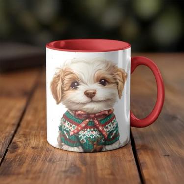 Imagem de Caneca xicara animais cachorro dog Natal roupa natalina 25EI (branco)