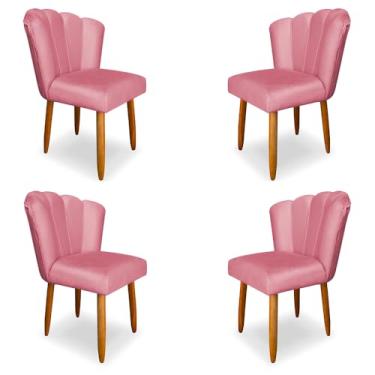 Imagem de Kit 4 Cadeiras de Jantar Pétala Estofada Pés Palito Veludo Rosa - Montanaris Decor