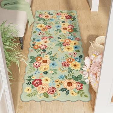 Imagem de DUKINO Tapetes laváveis de 2 x 5, tapete de entrada com estampa floral antiderrapante com pelo baixo macio, tapete leve para sala de estar, banheiro, quarto, cozinha, verde