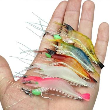 Imagem de Conjunto de 5 peças de iscas de camarão luminosas macias, 5 cores, iscas de camarão com ganchos, contas para robalo, truta, peixe-gato, salmão, água doce e salgada
