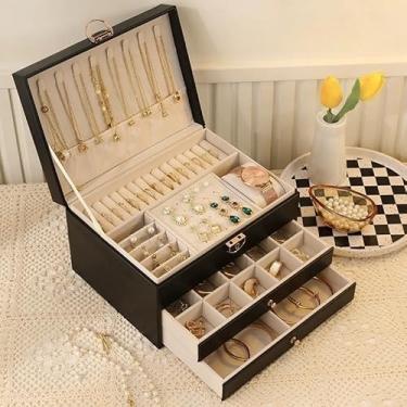 Imagem de Porta-Joias Feminino 3 Andares com Fechadura – Couro Sintético Luxo com Espelho e Compartimentos para Relógios, Brincos, Anéis e Colares (PRETO/3077)