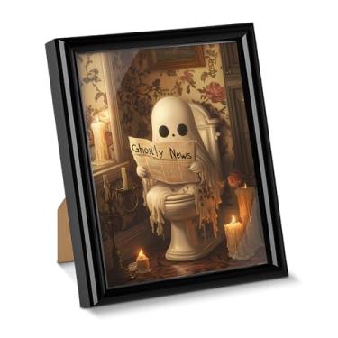 Imagem de Pôster de arte de parede de banheiro fantasma engraçado imagem impressa fantasma assustador para mesa, pintura emoldurada gótica escura para decoração de mesa de casa de banho 15 x 20 cm