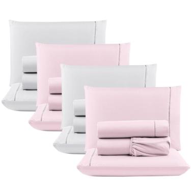 Imagem de Kit Com 4 Jogos Cama Lençol Casal Padrão Micro Percal 400 Fios Ponto Palito 4 Peças Rosa + Branco