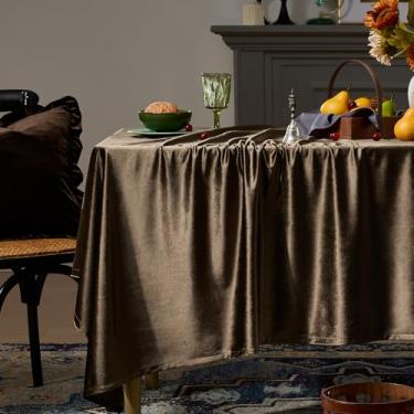Imagem de Toalha de mesa retangular de veludo marrom francesa luxuosa sólida vintage retrô fazenda rústica toalha de mesa lavável para festa, cozinha, sala de jantar, decoração de mesa, 139 x 213 cm, outono