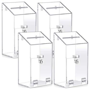 Imagem de Juexica Caixa de doação de acrílico SAFE4 peças 25,9 cm x 14,2 cm x 10,16 cm caixa de sugestões com trava e ranhura suporte de parede cédula de gota transparente para arrecadação de fundos para