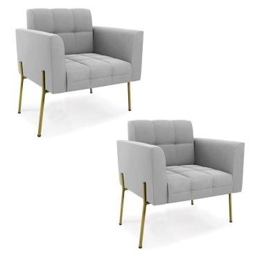 Imagem de Poltrona Pé De Ferro Dourado Para Sala Kit 2 Elisa Suede Cinza D03 - D'rossi