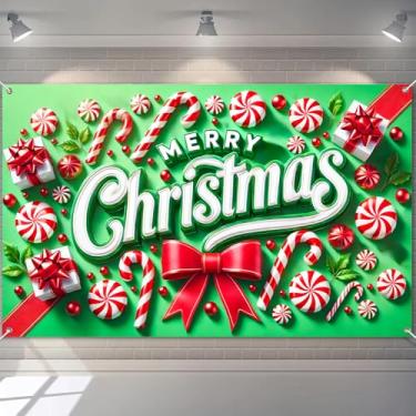 Imagem de BlissYard Banner de fundo de bengala de doces de Natal cena de festa de hortelã-pimenta verde com caixas de presente laço vermelho feriado cabine de fotos fundo decoração de inverno 181 × 109 cm