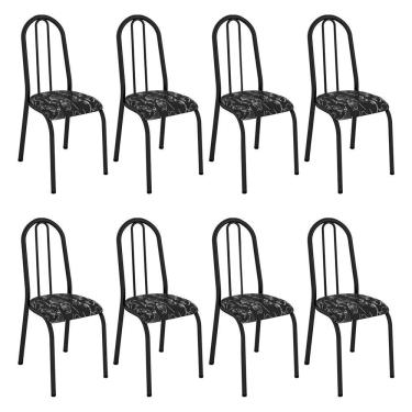 Imagem de Kit 8 Cadeiras De Cozinha Flórida Estampado Preto Florido Pés De Ferro Preto