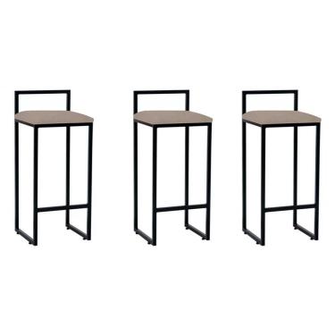Imagem de Kit 3 Banquetas Industriais Premium Bar Cozinha Bistrô Em Aço Dori Preta Assento Suede Bege Preto
