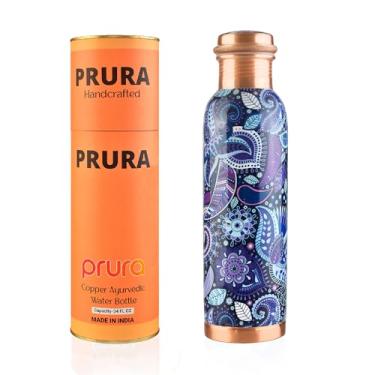 Imagem de Prura Garrafa de água de cobre com impressão pura - recipiente de cobre ayurvédica à prova de vazamento para esportes, academia, ar livre, ioga, benefícios de saúde (850 g)