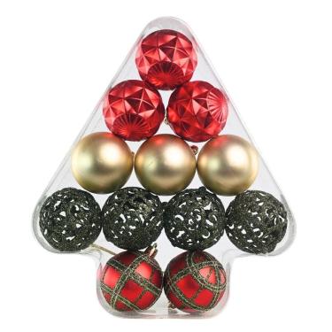 Imagem de Kit 12 Bolas Natal Texturas Arabesco Luxo Vermelho, Dourado E Verde 6cm Na Caixa Pinheiro - Magizi