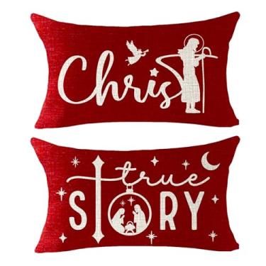Imagem de ITFRO Conjunto de 2 capas de almofada decorativas de inverno abençoado feliz Natal Cristo história verdadeira oração anjo linho lombar vermelho capa de almofada para sofá sofá sala de estar cintura 30 x 50 centímetros (Cristo)