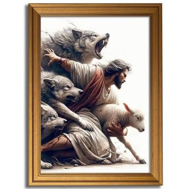 Imagem de Arte de parede em tela vintage com moldura dourada Jesus e Cordeiro Jesus Salva a Ovelha Perdida Imagem Cristã Decoração de Parede Pastor Proteja um Cordeiro de Lobos Pintura Pôster Impressão Arte
