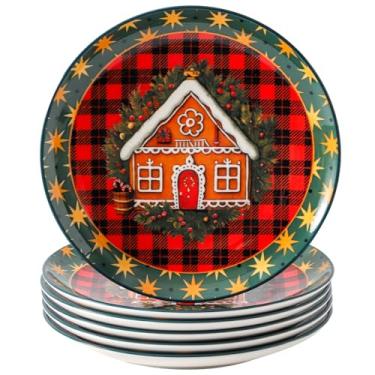 Imagem de HASENSE Pratos de jantar de cerâmica, pratos de servir de Natal de 26 cm para salada, macarrão, bife, sobremesa, conjunto de 6 pratos de cozinha de festa, podem ser colocados no micro-ondas e na