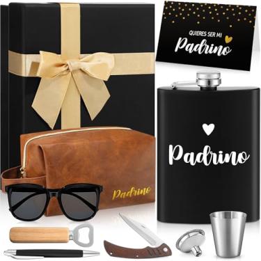 Imagem de Chengu 9 peças de presente de pedido de padrinho Will You Be My Godfather conjunto de presente com caixa cantil cartões óculos de sol bolsa de higiene pessoal de couro abridor de garrafas caneta faca