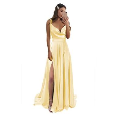 Imagem de Vestido de formatura Monvelli Yellow Satin Spaghetti Strap Size