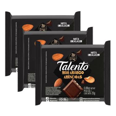 Imagem de Kit 3X 25g Chocolate Garoto Talento Meio Amargo Amêndoas