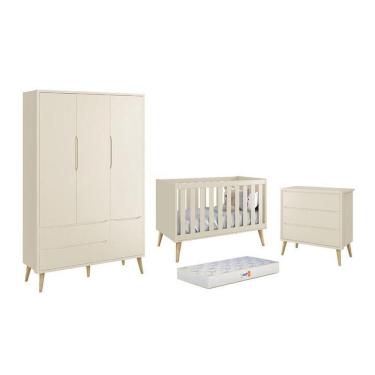 Imagem de Dormitório Theo 3 Portas, Cômoda 3 Gavetas Areia Fosco Com Pés Madeira Natural E Colchão D18 Reller Móveis Areia Fosco