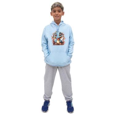 Imagem de Conjunto Moletom Canguru Infantil Menino Estampa Dinossauro Com Calça Lisa Basica Dia a Dia