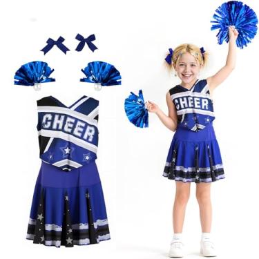 Imagem de ROC PARTY Fantasia de líder de torcida para meninas, fantasia infantil de líder de torcida de Halloween com laço de cabelo e pompom brilhante, roupa de apresentação de dança M