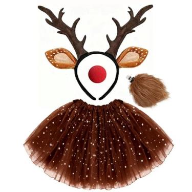 Imagem de Conjunto de fantasia festiva de rena com saia tutu de tule, faixa de cabeça de chifre, nariz e cauda vermelhos, acessórios de fantasia de Natal para Halloween