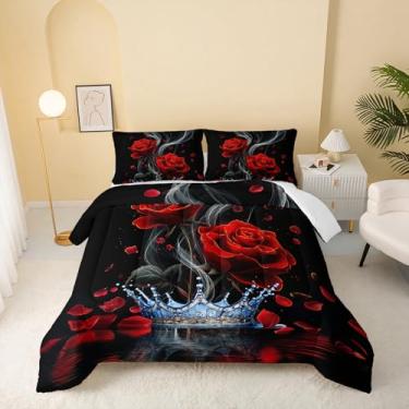 Imagem de QOOMO Conjunto de edredom Queen com 3 peças, rosa vermelha, coroa azul, para adolescentes, meninos e meninas, preto com 2 fronhas, macio e leve