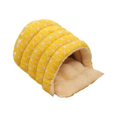 Imagem de IEUDNS Cama toca de inverno semi-fechada de pelúcia para gatos, versátil para felina, cama leve e quente para filhotes, 55×40×30cm, Amarelo