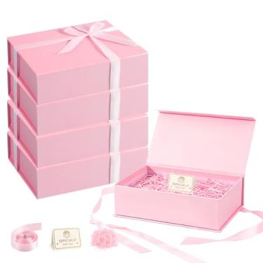 Imagem de Dimore Pacote com 4 caixas de presente rosa, caixa de presente magnética de 26 x 19 x 8 cm com tampas, caixa dobrável retangular de papelão duro para pedido de dama de honra, casamento, chá de bebê